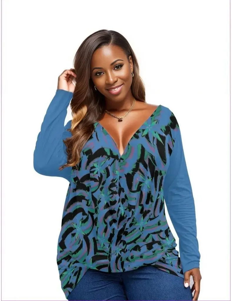 Abstract Blue V-neck Plus Draped Longline Long Sleeve Womens Top Voluptuous ( ) Plus Size