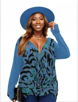 Abstract Blue V-neck Plus Draped Longline Long Sleeve Womens Top Voluptuous ( ) Plus Size