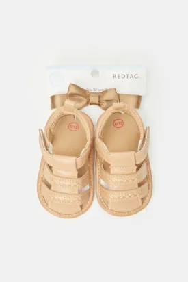 Babies Beige Pram Shoe With Bow Tie Set (2 Piece)