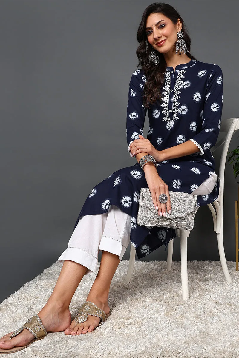 Blue Cotton Embroidered Ethnic Motifs Straight Kurta