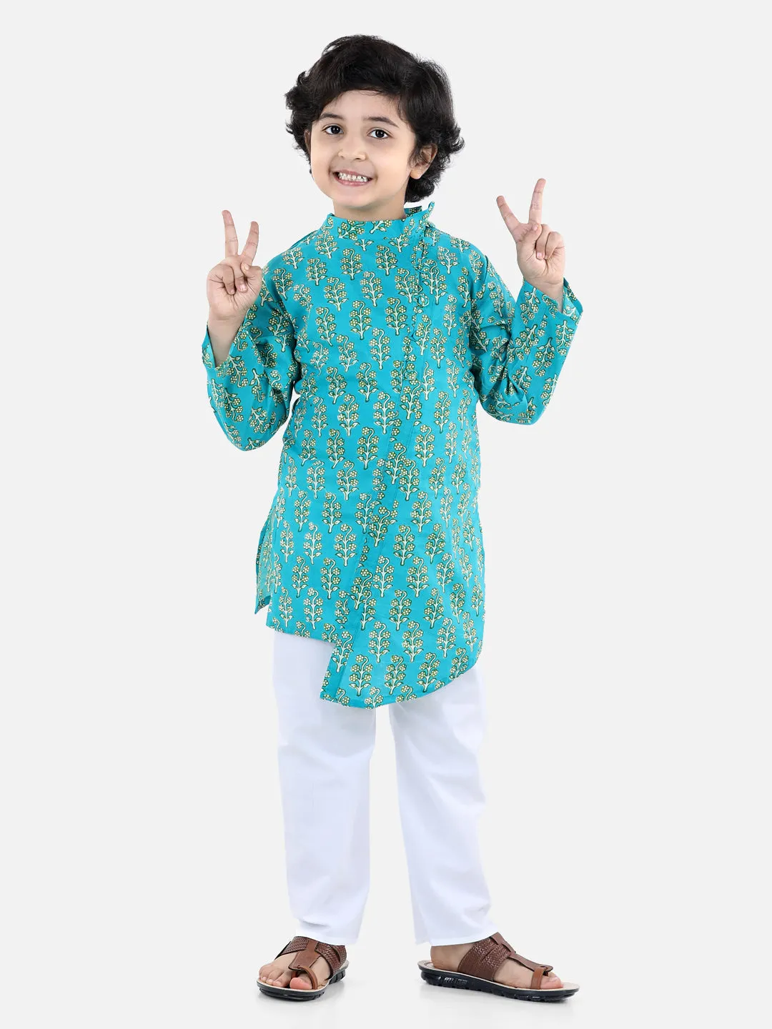 Boys Cotton Floral printed Asymmetric Front Open Kurta Pajama- Green