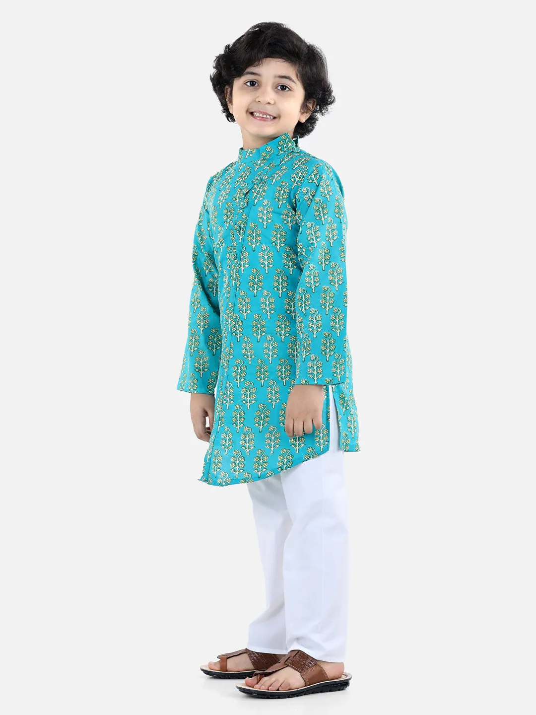 Boys Cotton Floral printed Asymmetric Front Open Kurta Pajama- Green