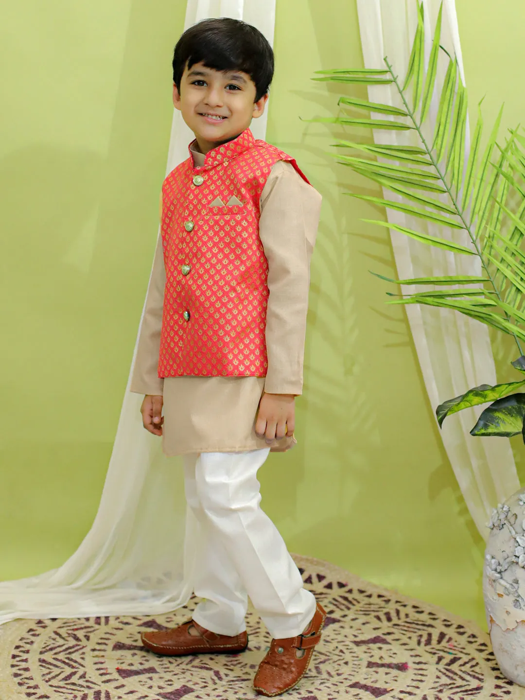 Boys Ethnic Fetive Wear Jacquard Nehru Jacket with Cotton Kurta Pajama Sets Coral