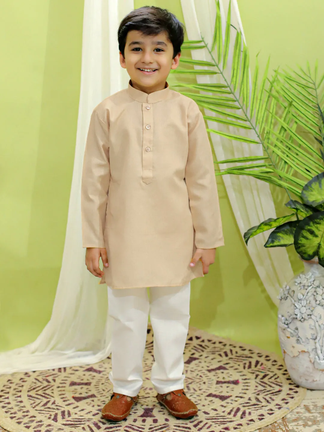 Boys Ethnic Fetive Wear Jacquard Nehru Jacket with Cotton Kurta Pajama Sets Coral