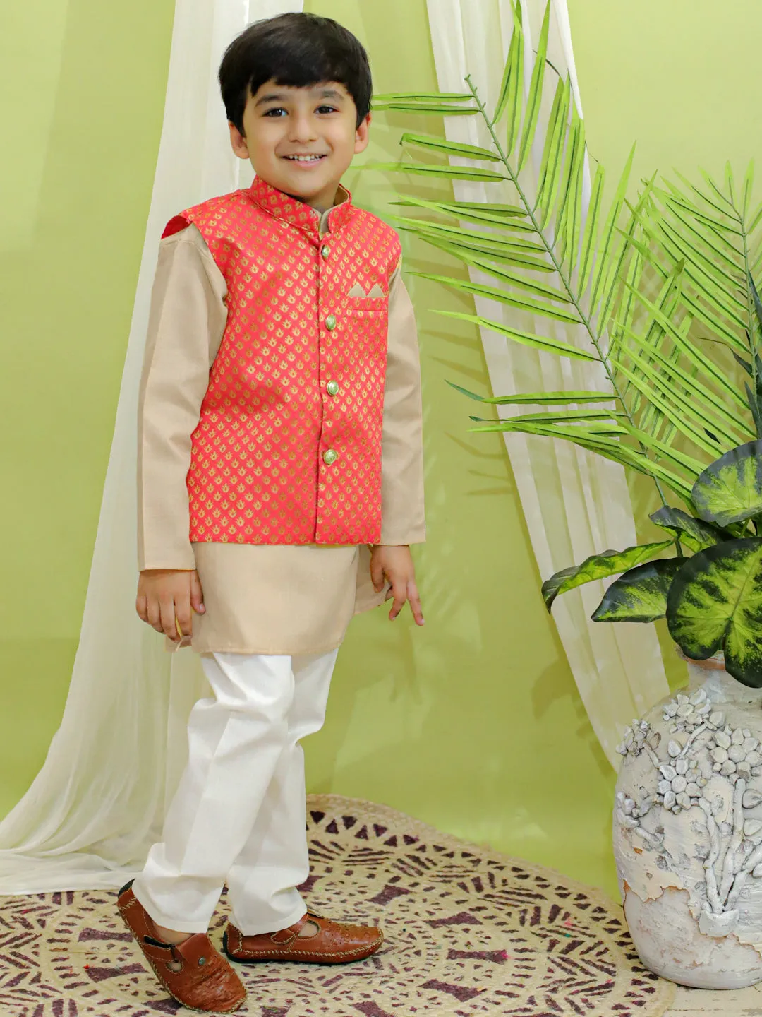 Boys Ethnic Fetive Wear Jacquard Nehru Jacket with Cotton Kurta Pajama Sets Coral