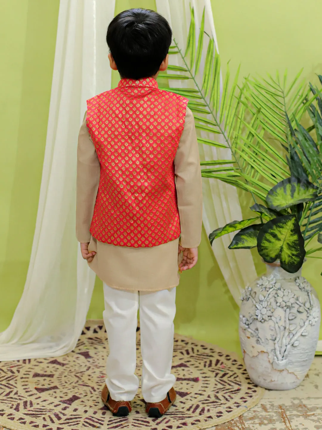 Boys Ethnic Fetive Wear Jacquard Nehru Jacket with Cotton Kurta Pajama Sets Coral