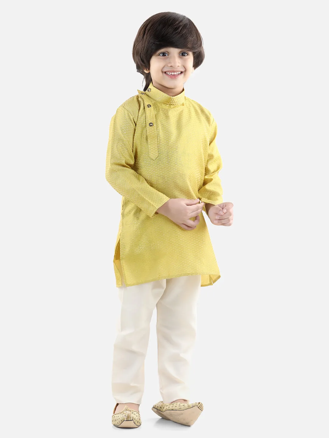 Boys Ethnic Full Sleeve Jacquard Kurta Pajama- Yellow