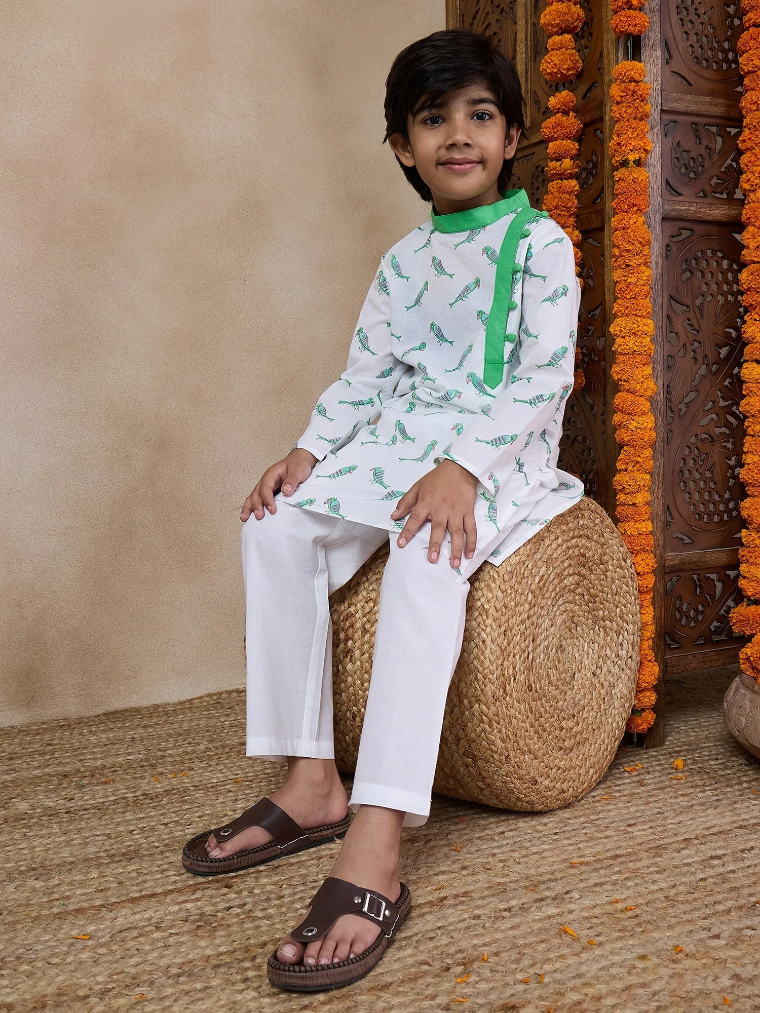 Boys Mandarin Collar Printed Regular Kurta With Pyjamas