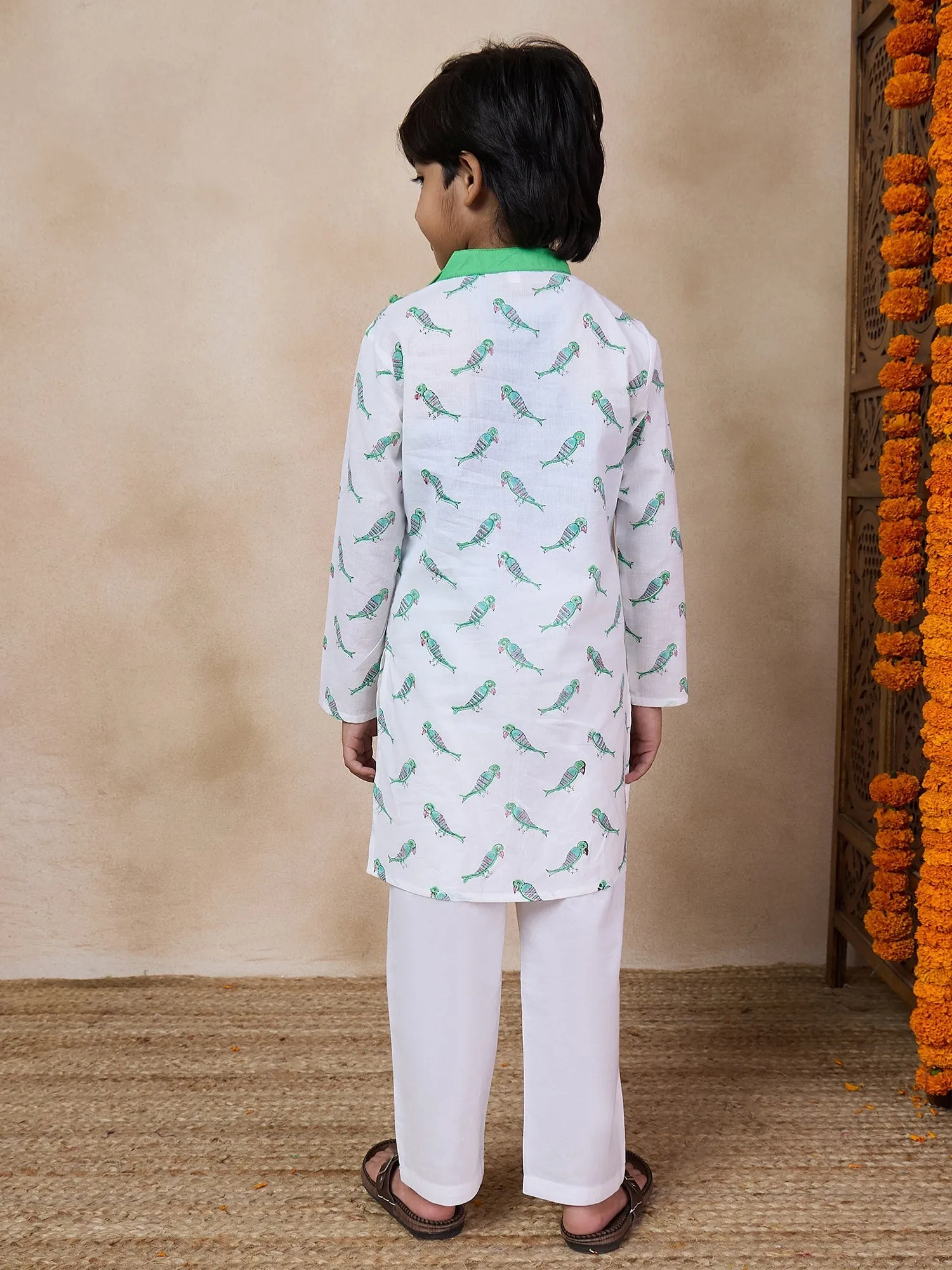 Boys Mandarin Collar Printed Regular Kurta With Pyjamas