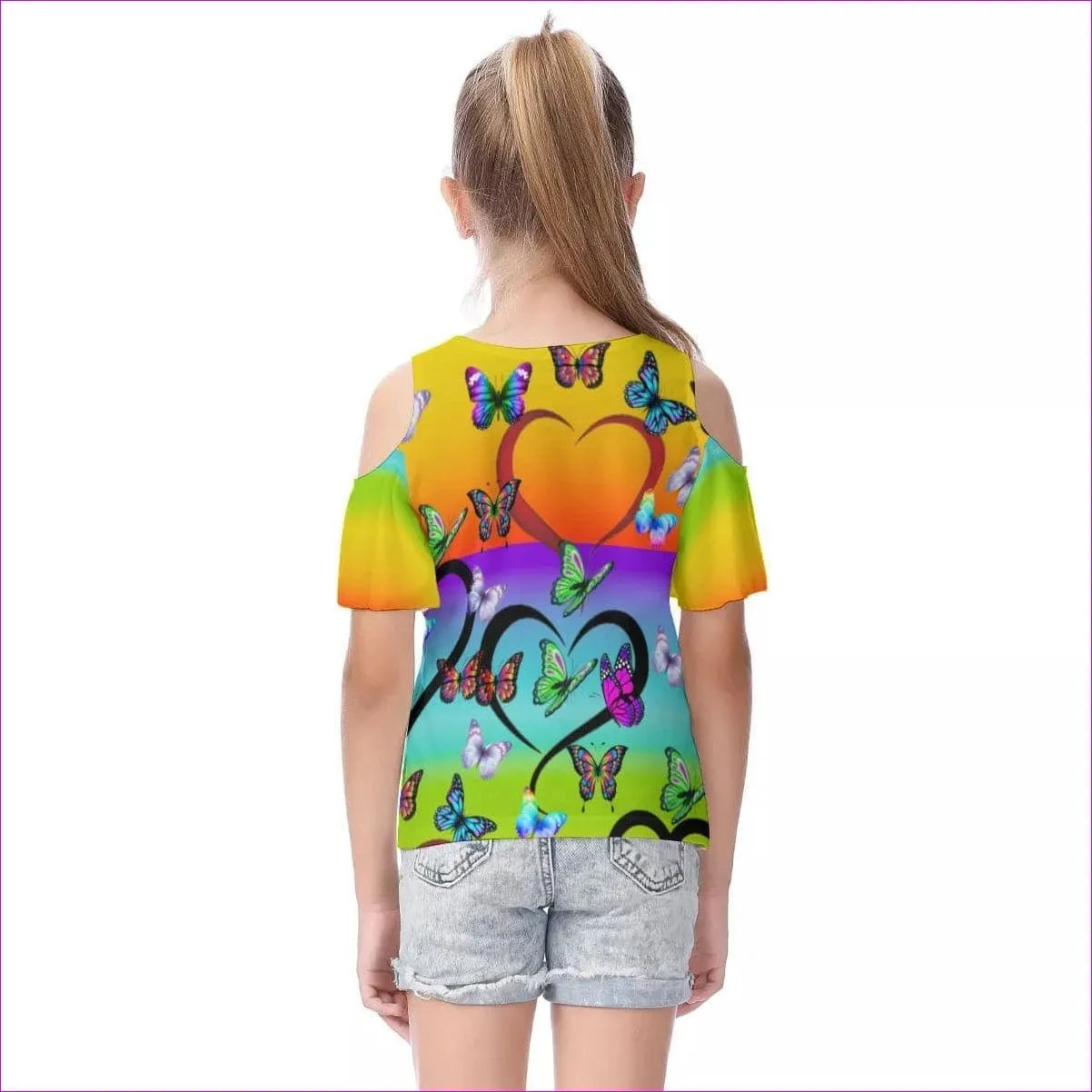 Butterfly Love Rainbow Kids Cold Shoulder T-shirt With Ruffle Sleeves