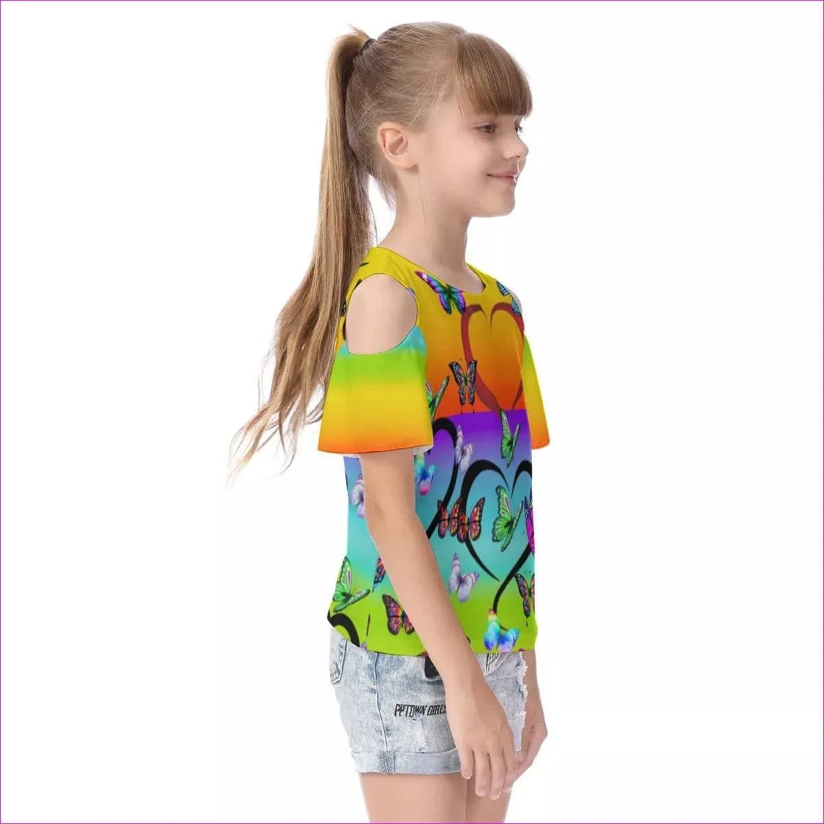 Butterfly Love Rainbow Kids Cold Shoulder T-shirt With Ruffle Sleeves