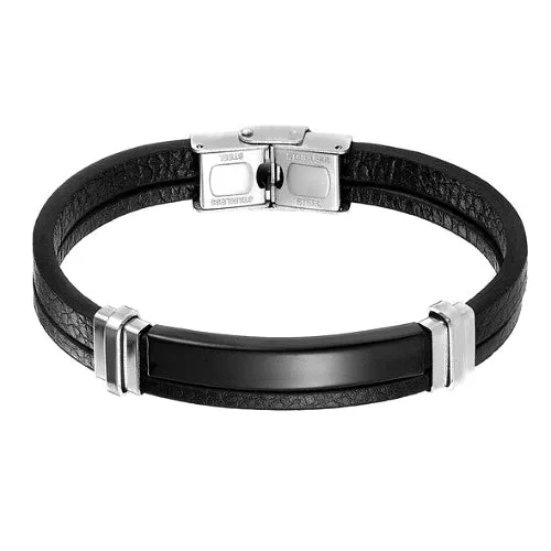 Classy Men Black Bar Leather Bracelet