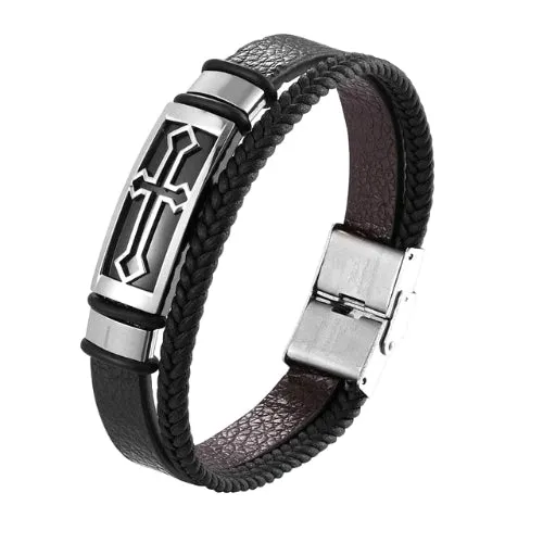 Classy Men Silver Cross Leather Band Bracelet