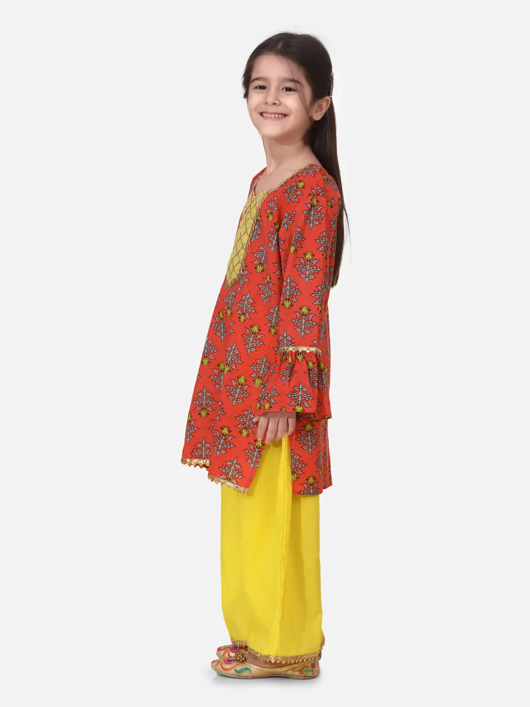 Cotton Hand Block Print Kurti Palazzo Suits sets For Girls- Coral