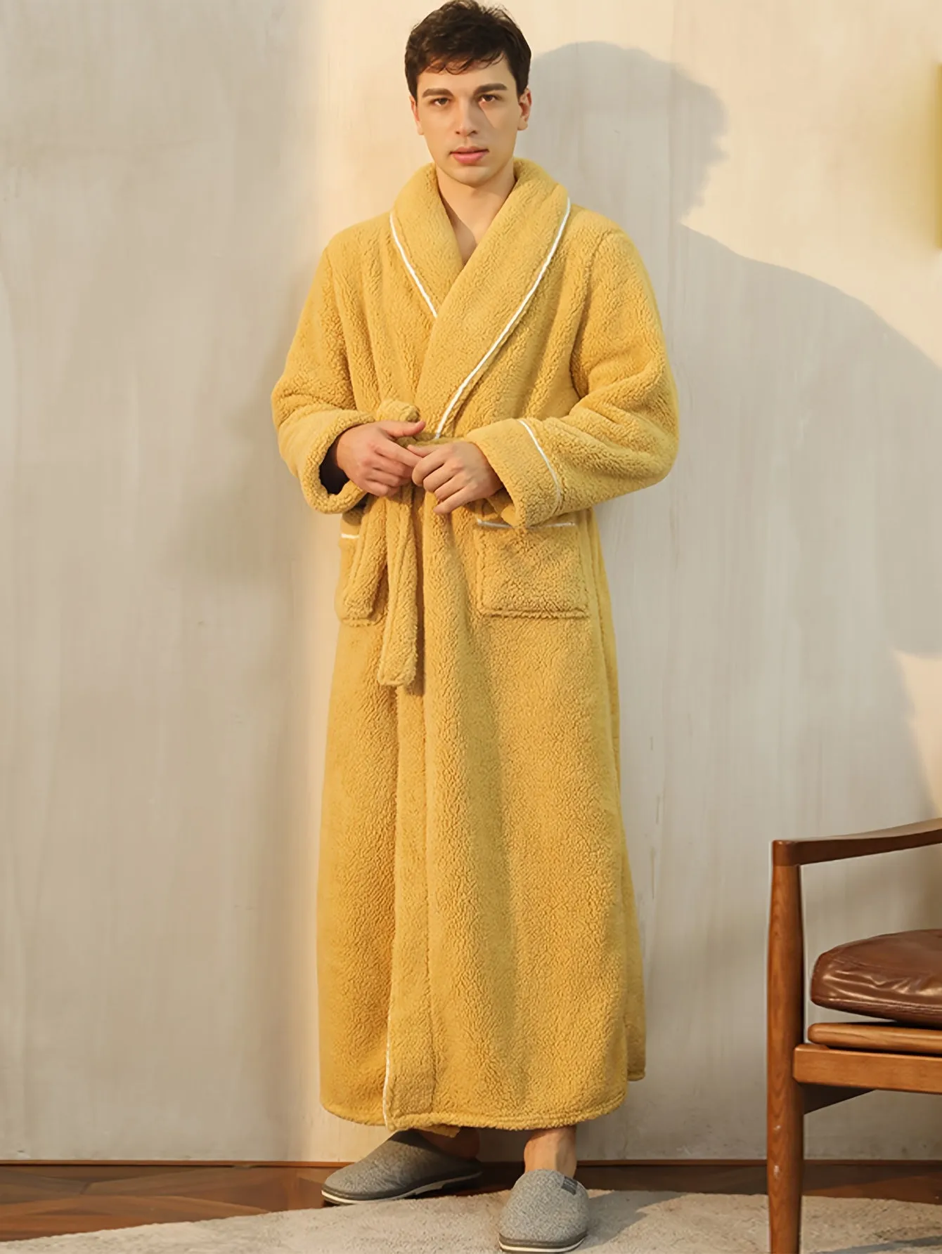 Cozy Fleece Bathrobe for Men - Soft, Thick & Warm Pajama Robe with V-Neck, Perfect for Fall/Winter | Machine Washable