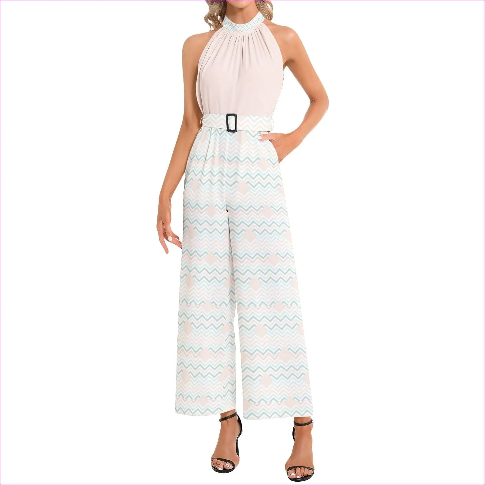 Easy Days Halter Neck Buckle Belted Jumpsuit