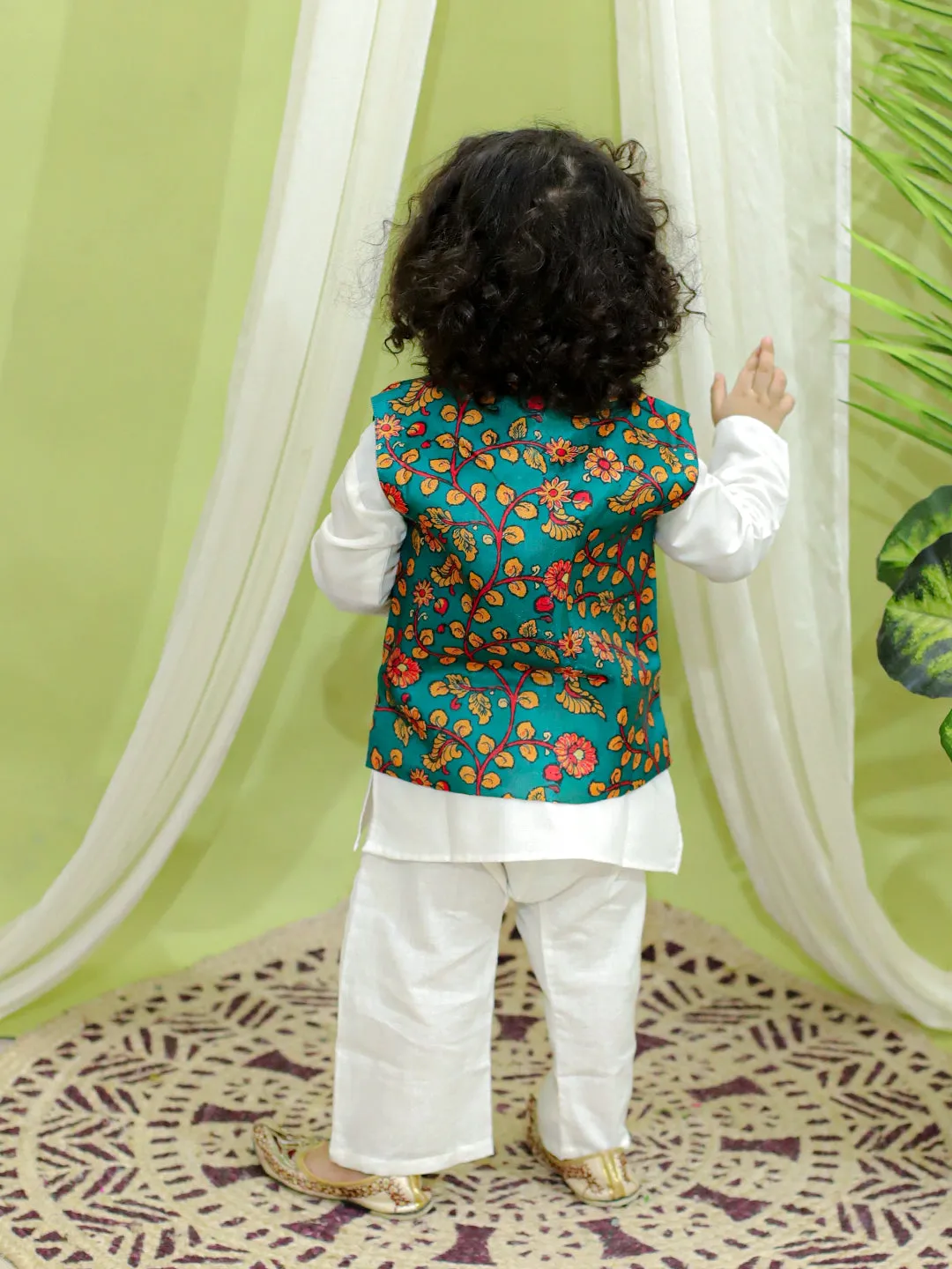 Ethnic Festive Kalamkari Print Jacket with Kurta Pajama for Boys- Green