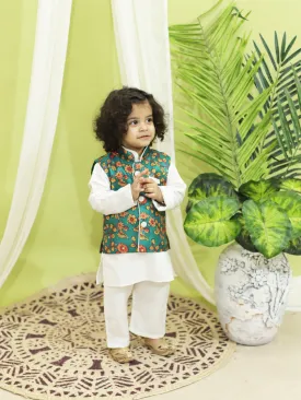 Ethnic Festive Kalamkari Print Jacket with Kurta Pajama for Boys- Green