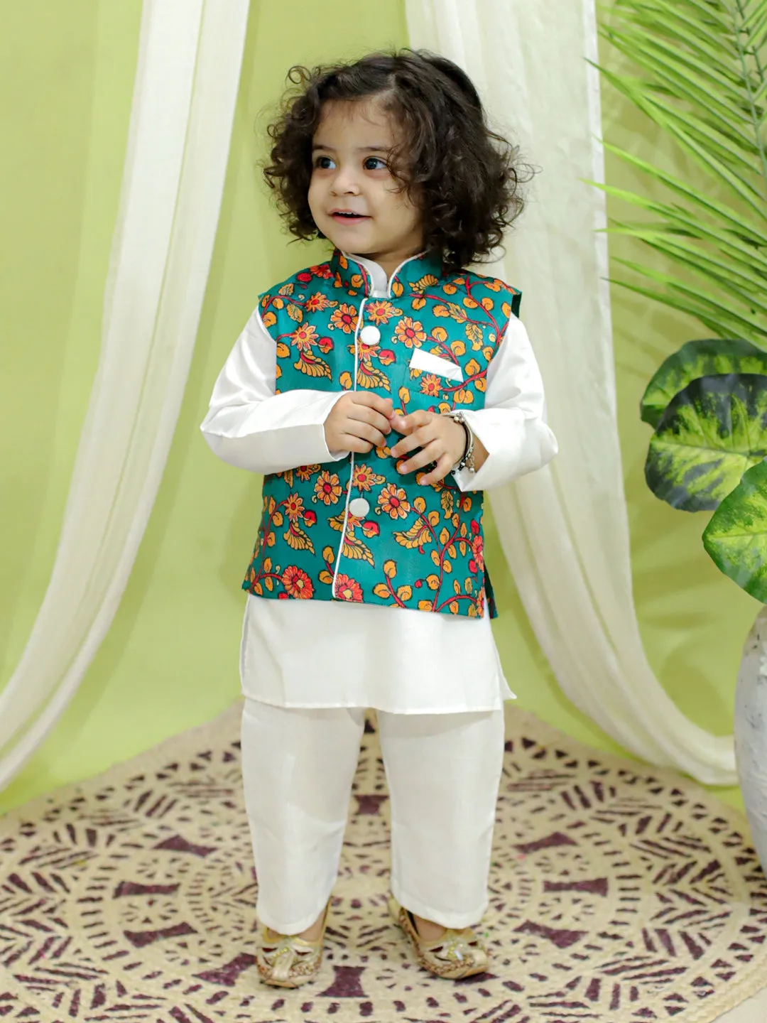 Ethnic Festive Kalamkari Print Jacket with Kurta Pajama for Boys- Green