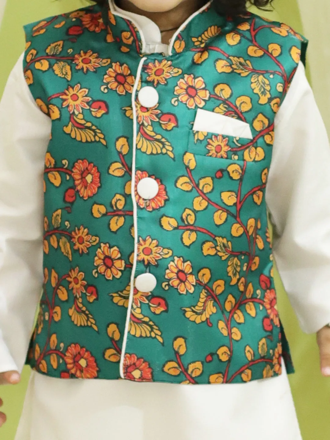 Ethnic Festive Kalamkari Print Jacket with Kurta Pajama for Boys- Green