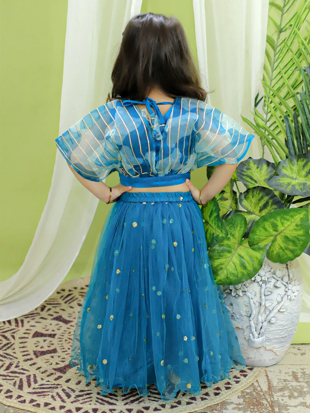 Ethnic Party Wear Girls Organza Cape Choli with Sequined Net Lehenga Blue