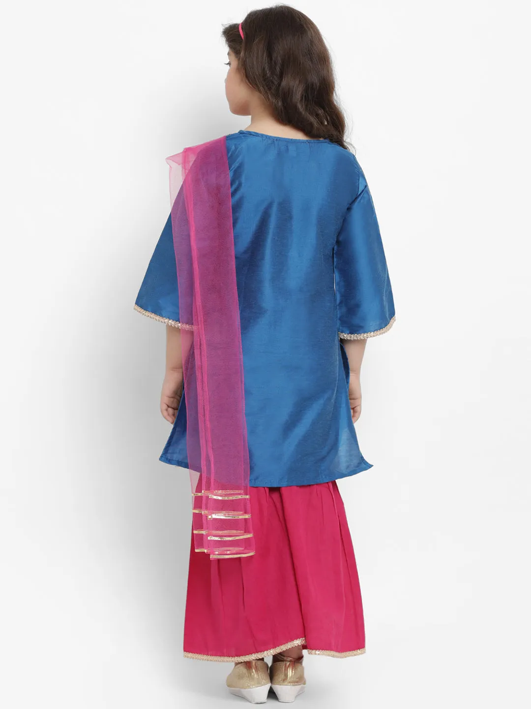 Girls Blue Angrakha Gotta Patti Dupion Silk Kurta with Palazzos & With Dupatta