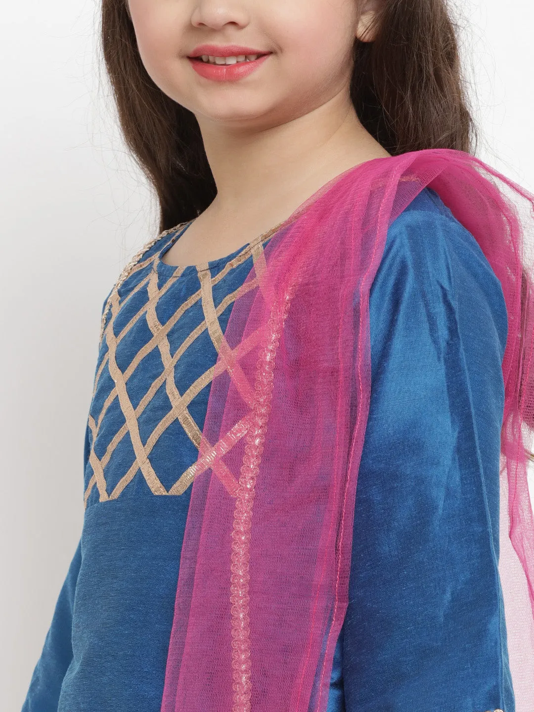 Girls Blue Angrakha Gotta Patti Dupion Silk Kurta with Palazzos & With Dupatta