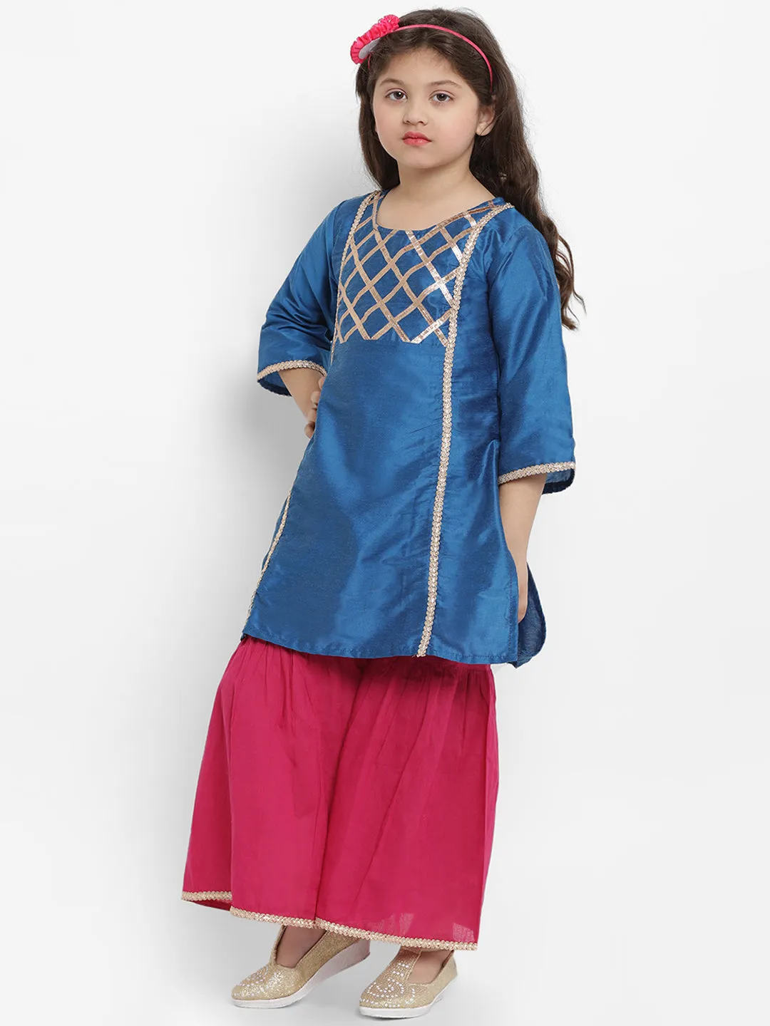 Girls Blue Angrakha Gotta Patti Dupion Silk Kurta with Palazzos & With Dupatta