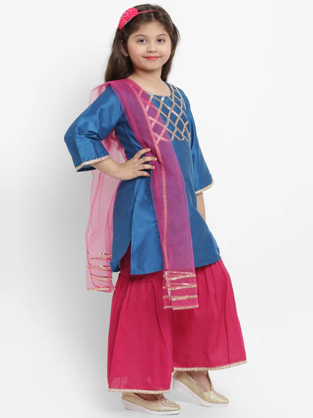 Girls Blue Angrakha Gotta Patti Dupion Silk Kurta with Palazzos & With Dupatta