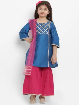 Girls Blue Angrakha Gotta Patti Dupion Silk Kurta with Palazzos & With Dupatta