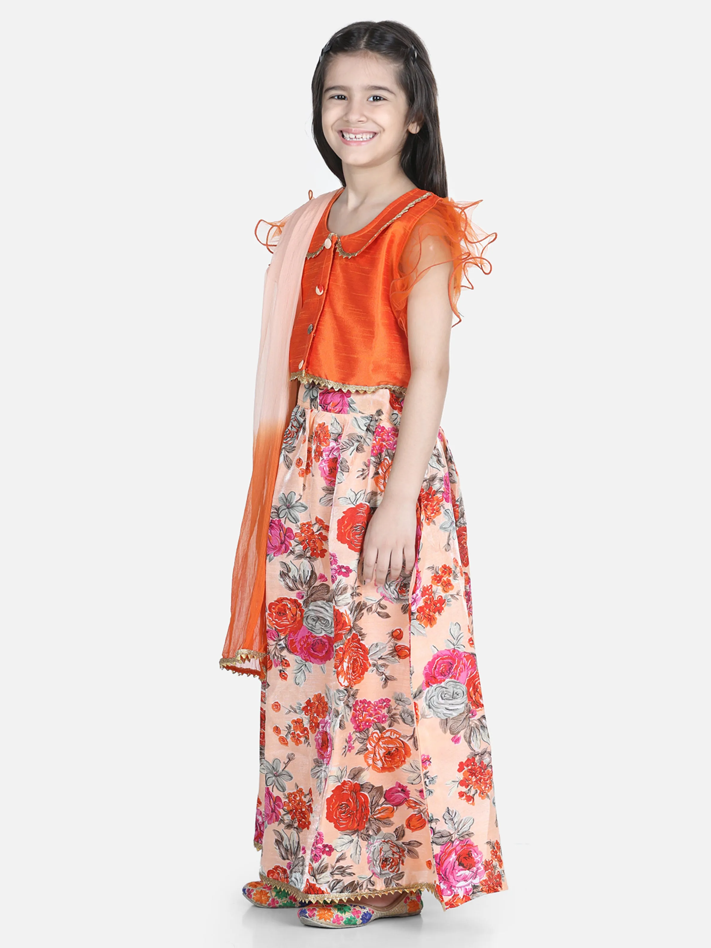 Girls Ethnic Festive Wear Ruffle Sleeve Floral Lehenga Choli with Dupattta- Orange