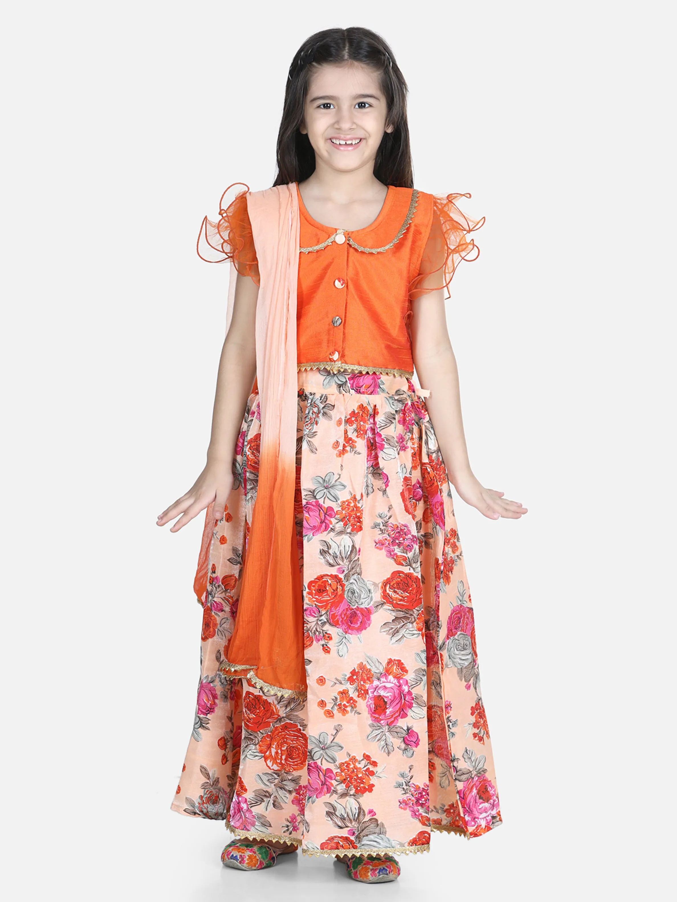 Girls Ethnic Festive Wear Ruffle Sleeve Floral Lehenga Choli with Dupattta- Orange