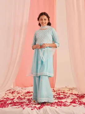 Girls Ethnic Motifs Embroidered Regular Thread Work Kurta With Sharara With Dupatta