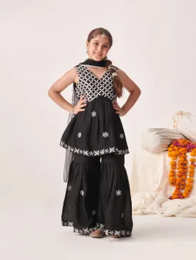 Girls Floral Embroidered Angrakha Kurta With Sharara & With Dupatta