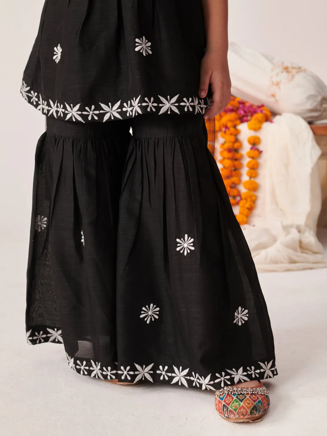 Girls Floral Embroidered Angrakha Kurta With Sharara & With Dupatta