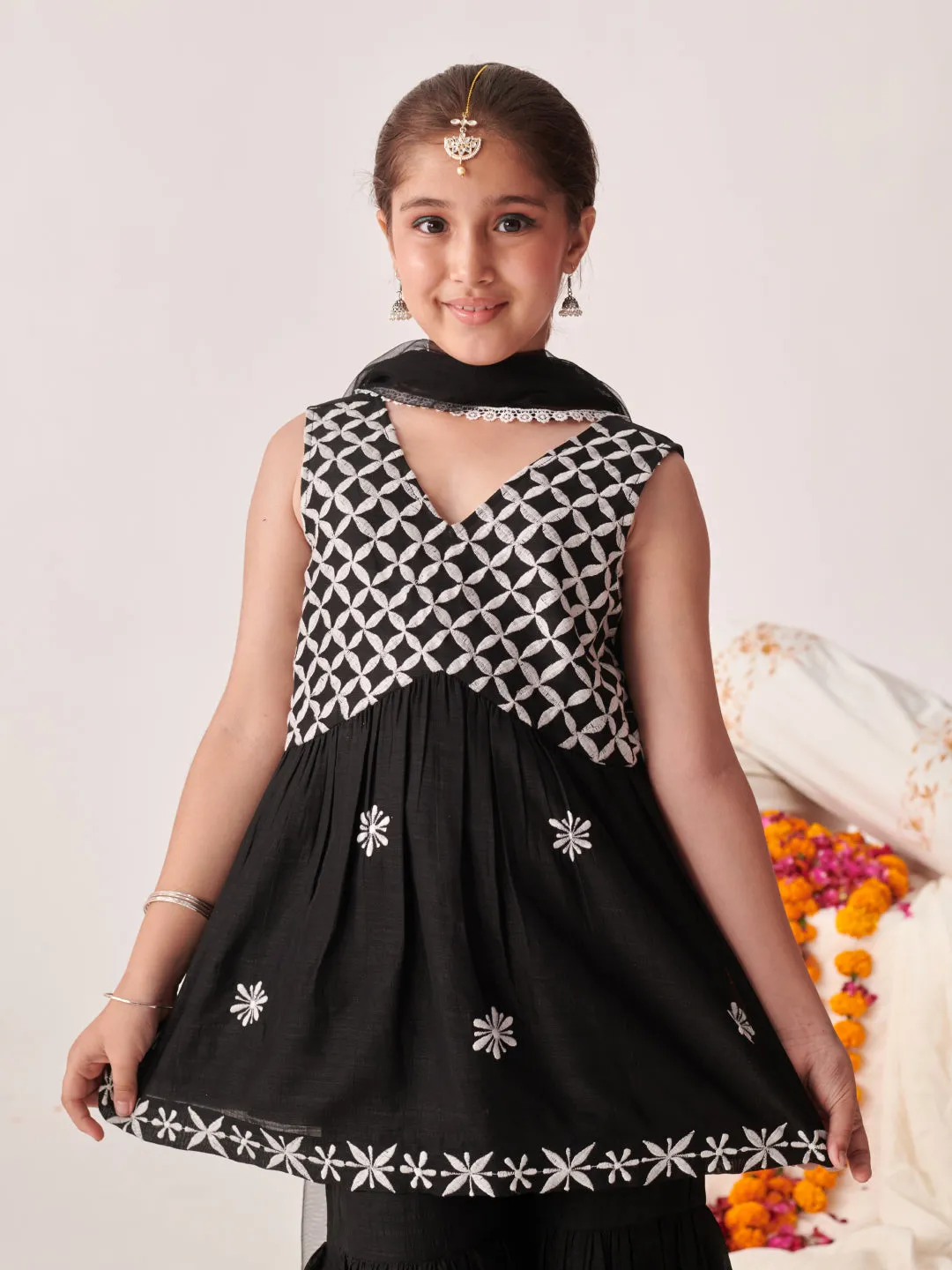 Girls Floral Embroidered Angrakha Kurta With Sharara & With Dupatta