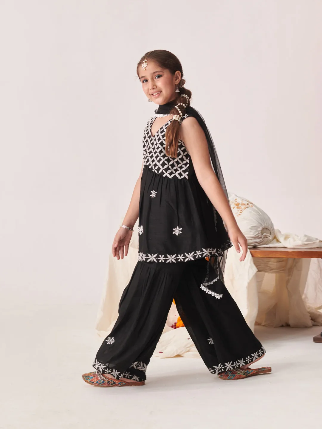 Girls Floral Embroidered Angrakha Kurta With Sharara & With Dupatta