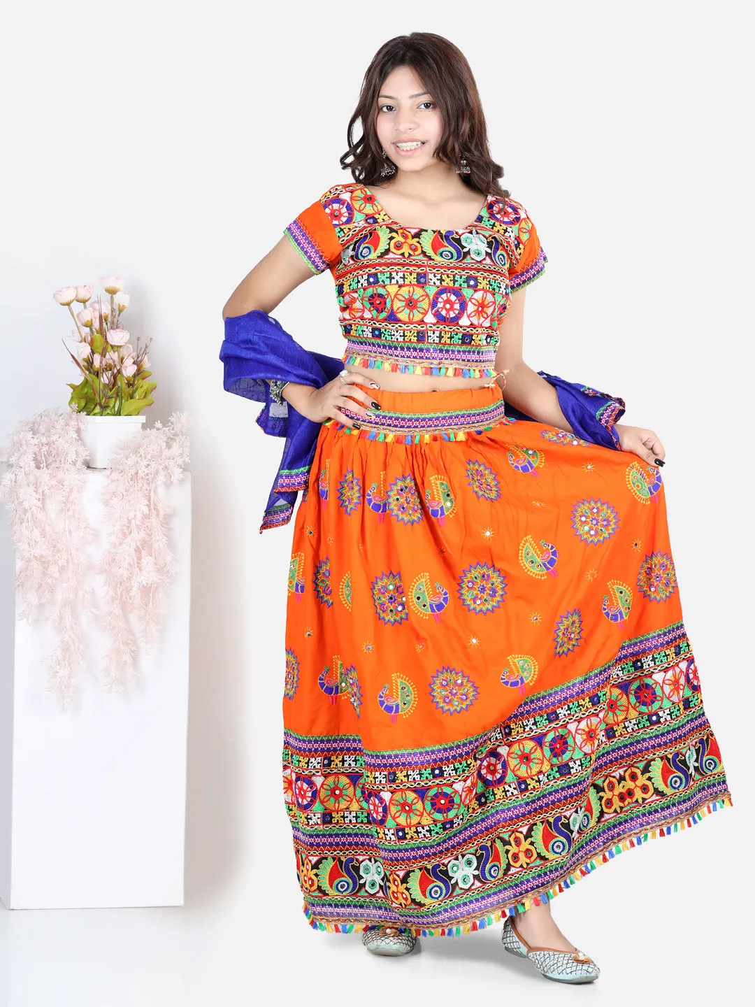 Girls Navratri Peacock embroidery Navratri Chaniya Choli with Dupatta for Garba- Orange