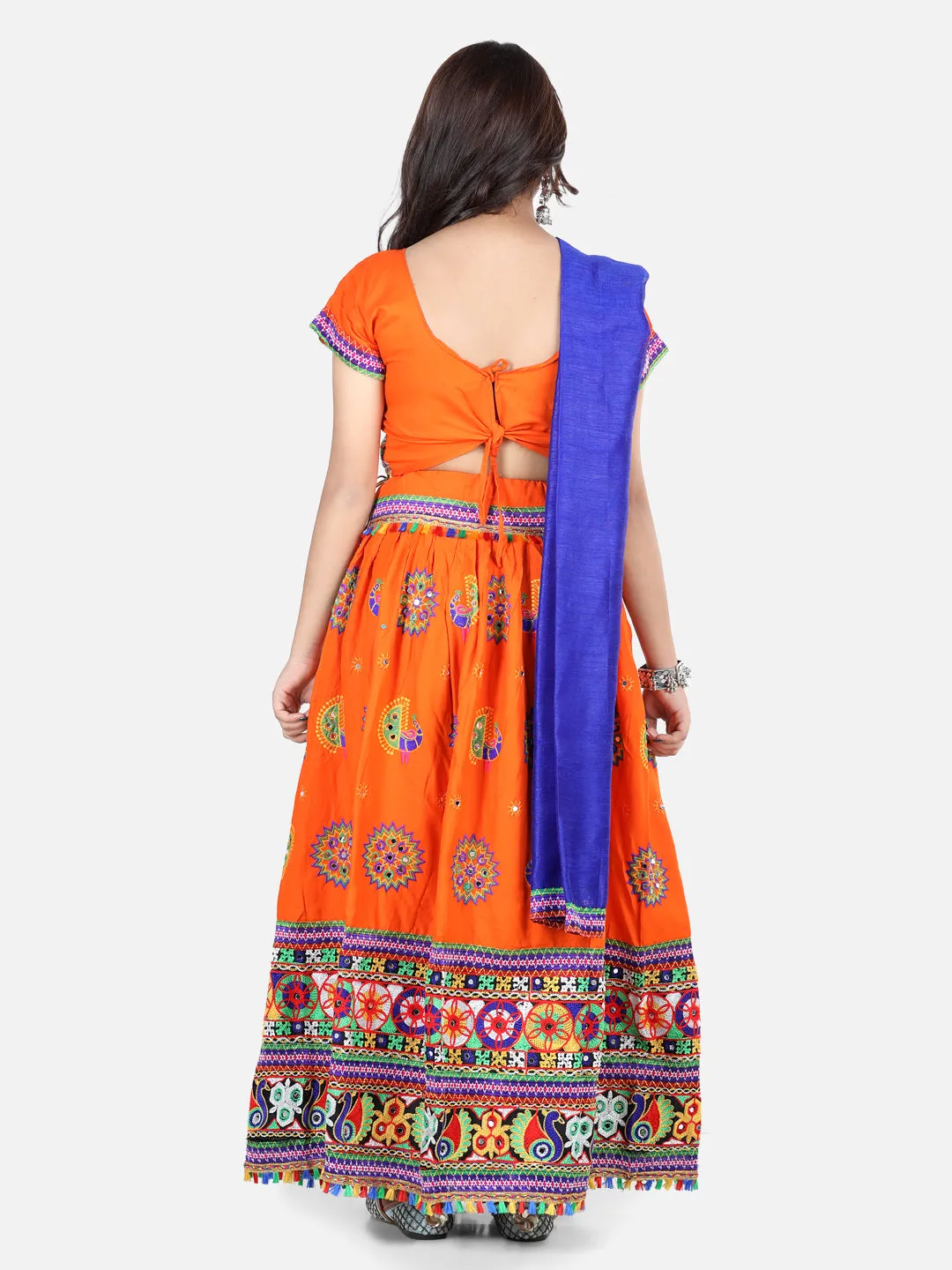 Girls Navratri Peacock embroidery Navratri Chaniya Choli with Dupatta for Garba- Orange