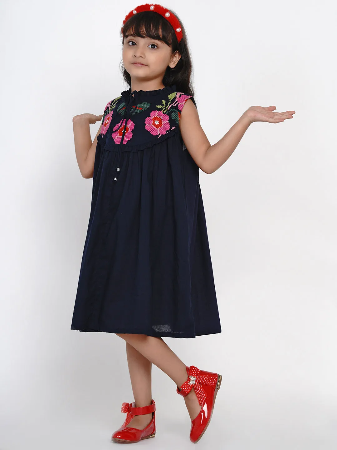 Girls Navy Blue Solid Fit And Flare Dress