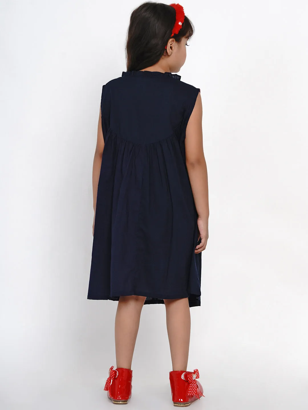 Girls Navy Blue Solid Fit And Flare Dress