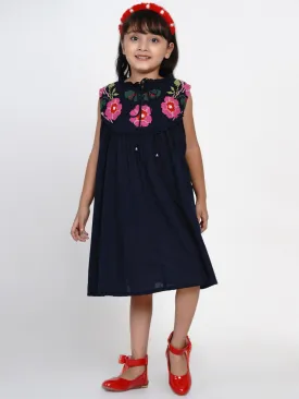 Girls Navy Blue Solid Fit And Flare Dress