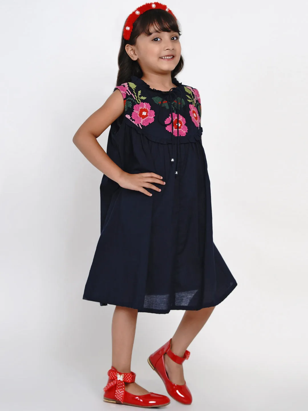 Girls Navy Blue Solid Fit And Flare Dress