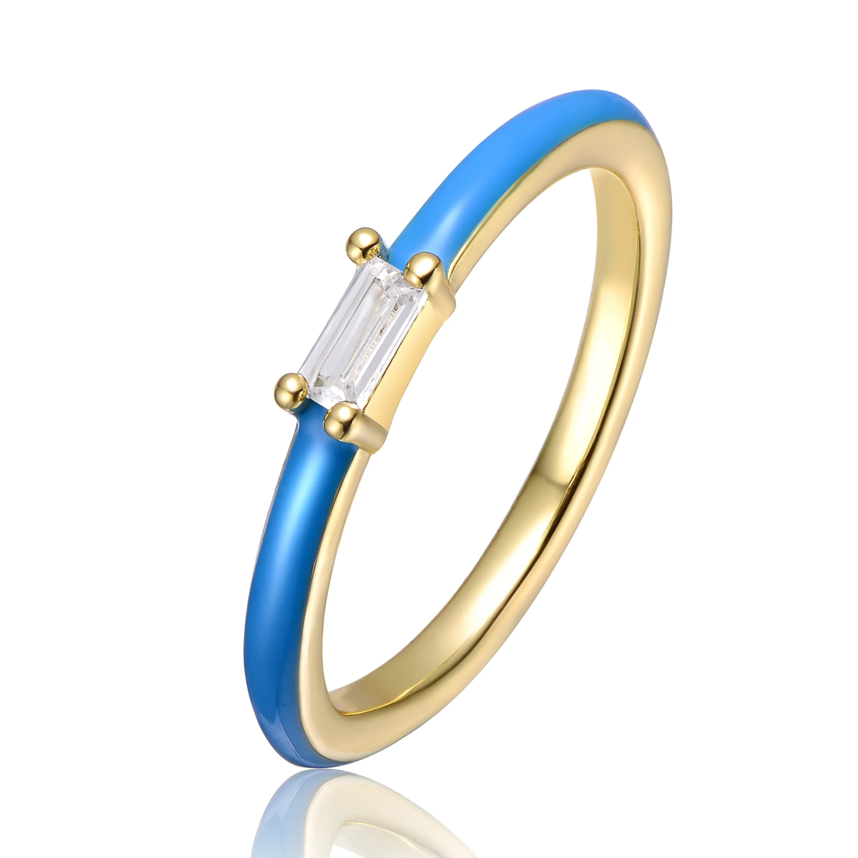 Girls/Teens 14k Yellow Gold Plated with Cubic Zirconia Baguette Solitaire Magenta-Blue Enamel Slim Stacking Ring