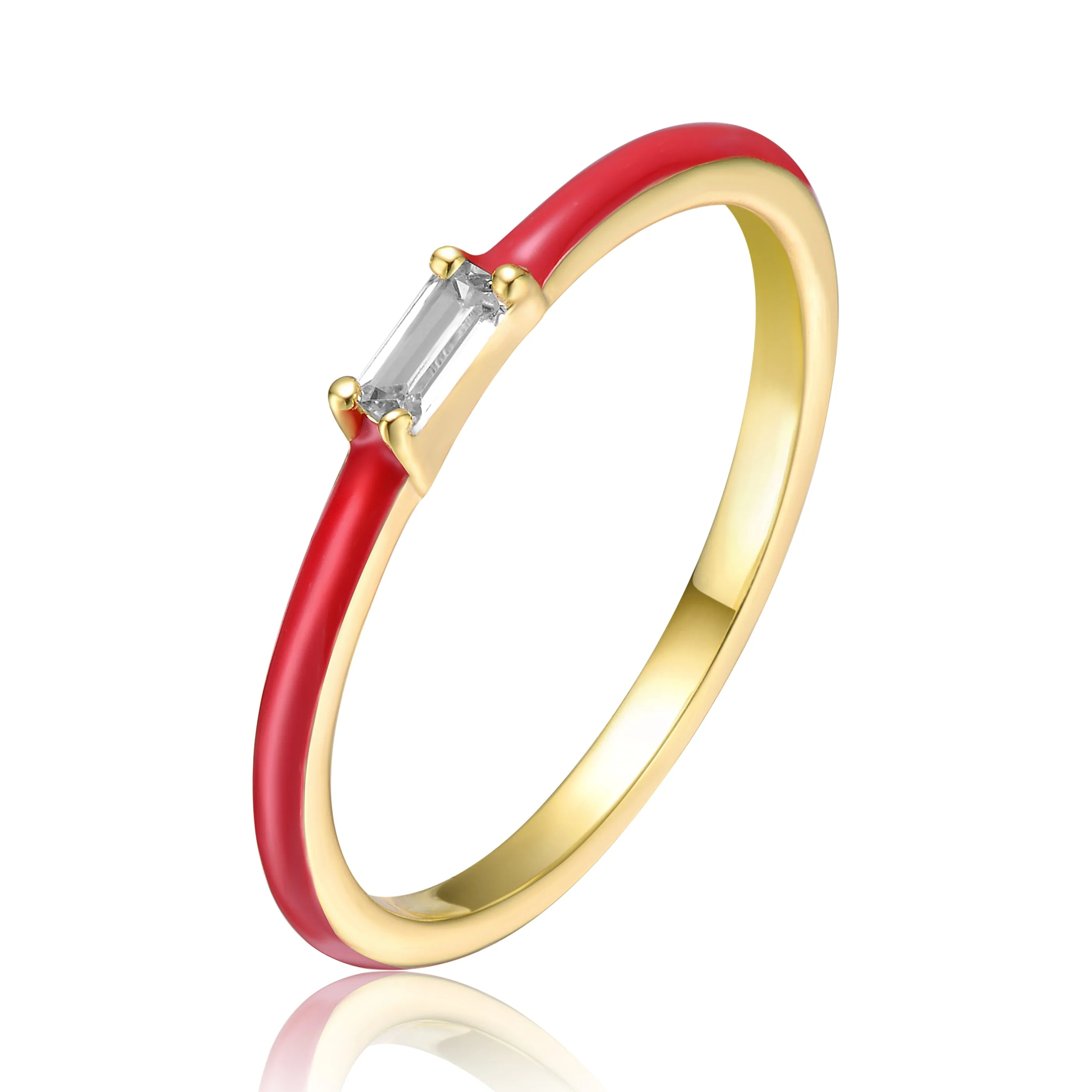 Girls/Teens 14k Yellow Gold Plated with Cubic Zirconia Baguette Solitaire Magenta-Blue Enamel Slim Stacking Ring