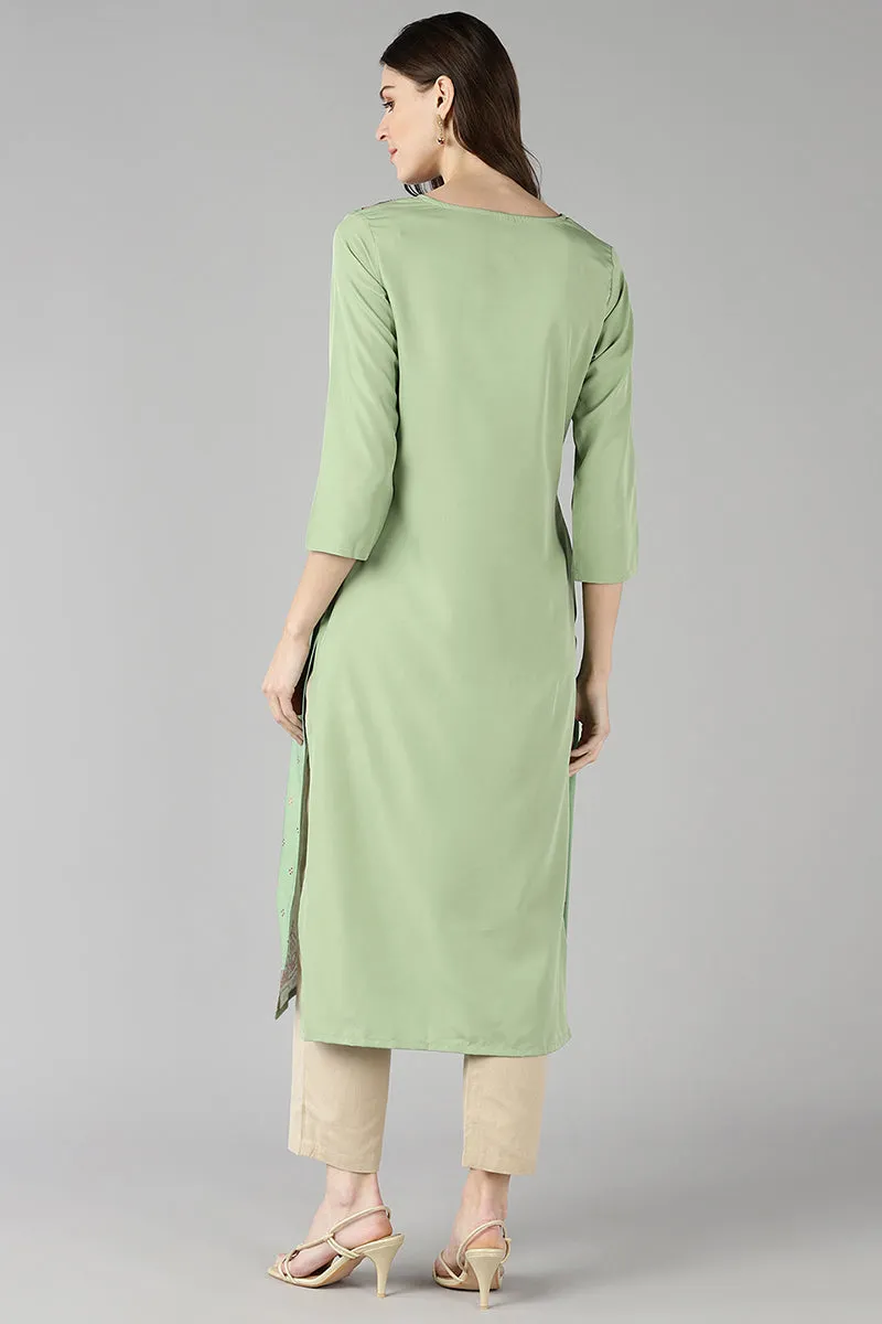 Green Poly Crepe Ethnic Motifs Straight Kurta