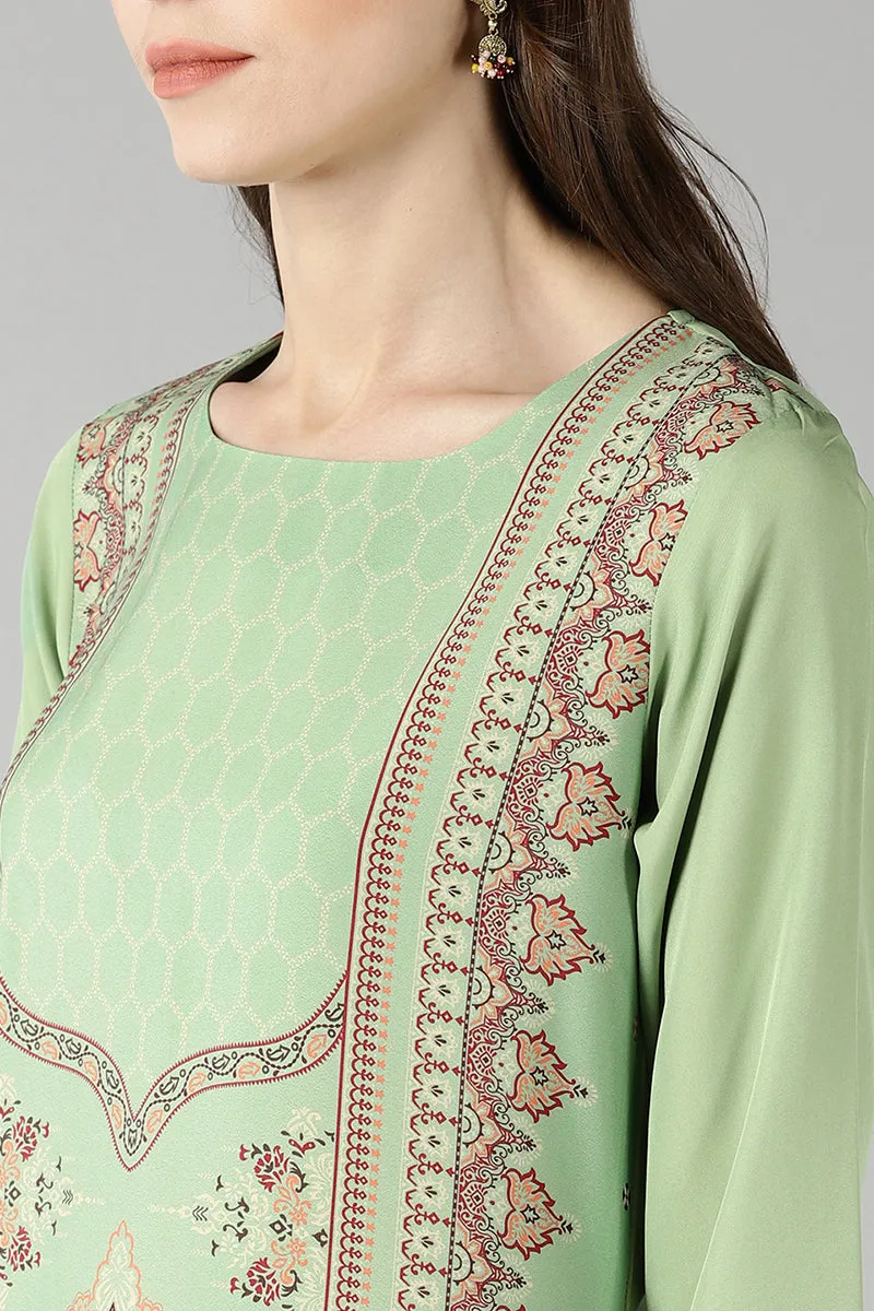 Green Poly Crepe Ethnic Motifs Straight Kurta