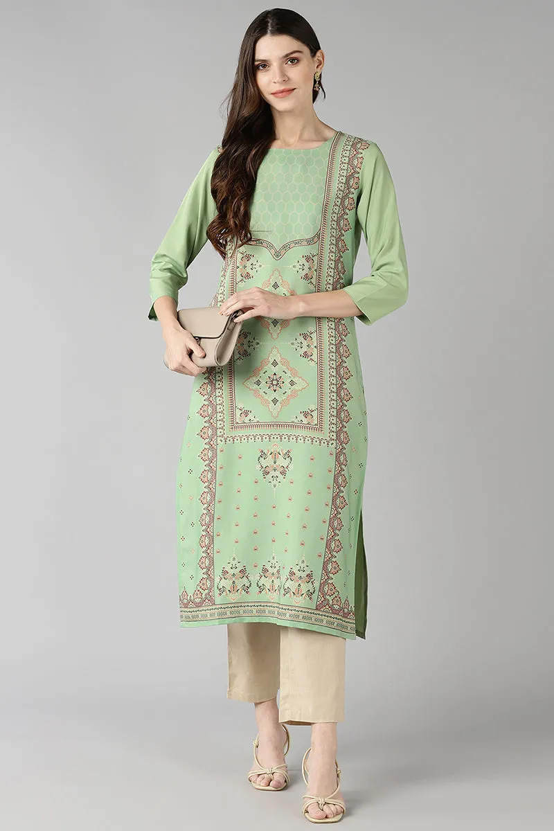 Green Poly Crepe Ethnic Motifs Straight Kurta