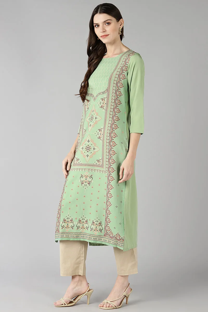 Green Poly Crepe Ethnic Motifs Straight Kurta