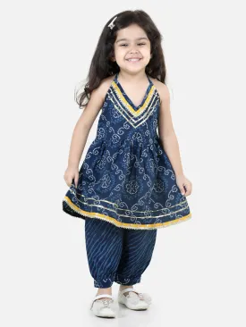 Halter Neck Pure Cotton Kurti with Harem for Girls- Blue